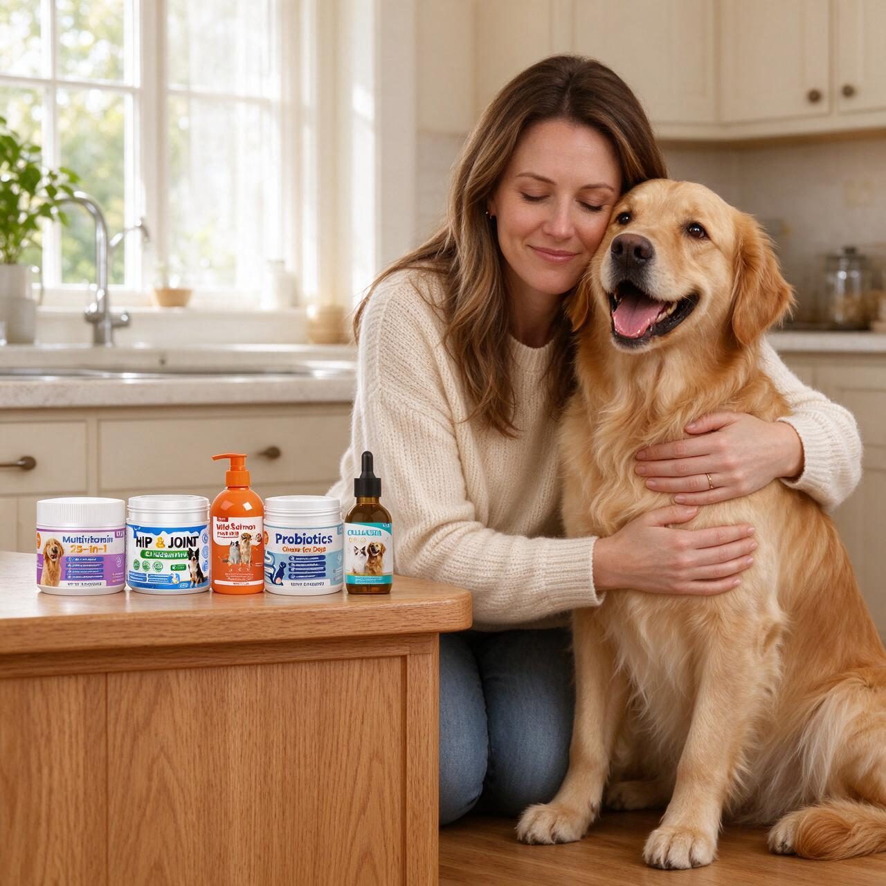 VUN pet supplement range with a golden retriever in a warm kitchen