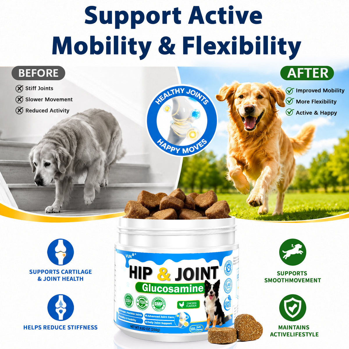 Hip and Joint Supplement for Dogs, Glucosamine Support for Dogs Joints Care