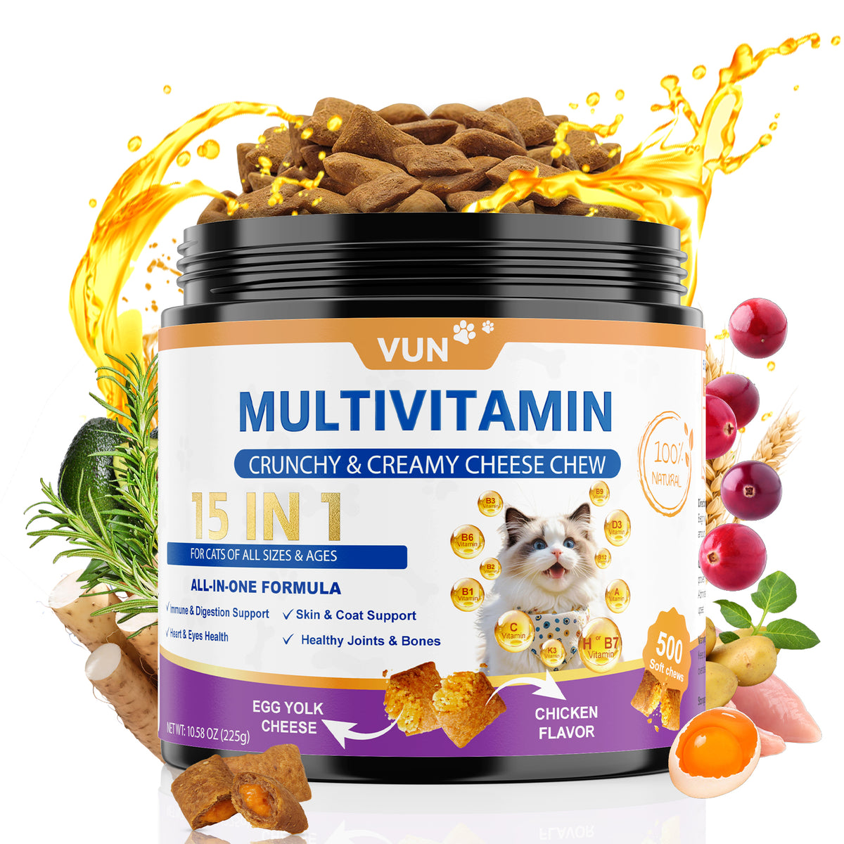 VUN Cat Vitamins Crunchy&Creamy Chews-Multivitamin for Indoor Cats