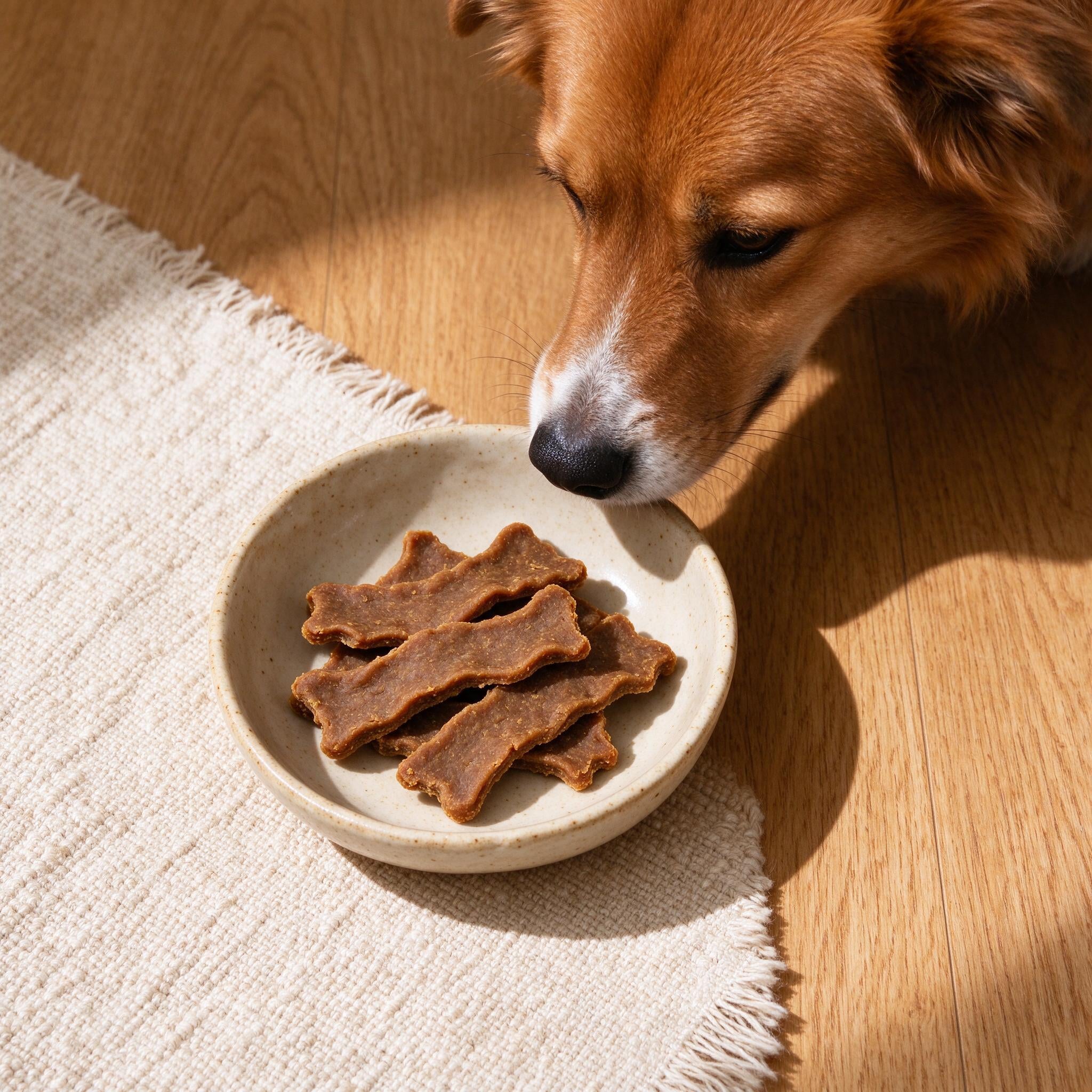 VUN soft chews in a bowl on a warm oak floor