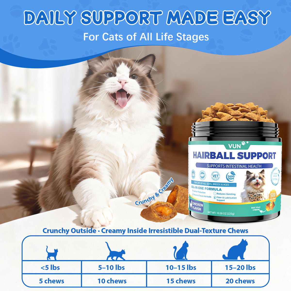 Cat Hairball Support Crunchy & Creamy Chews, Hairball Treatment for Cats