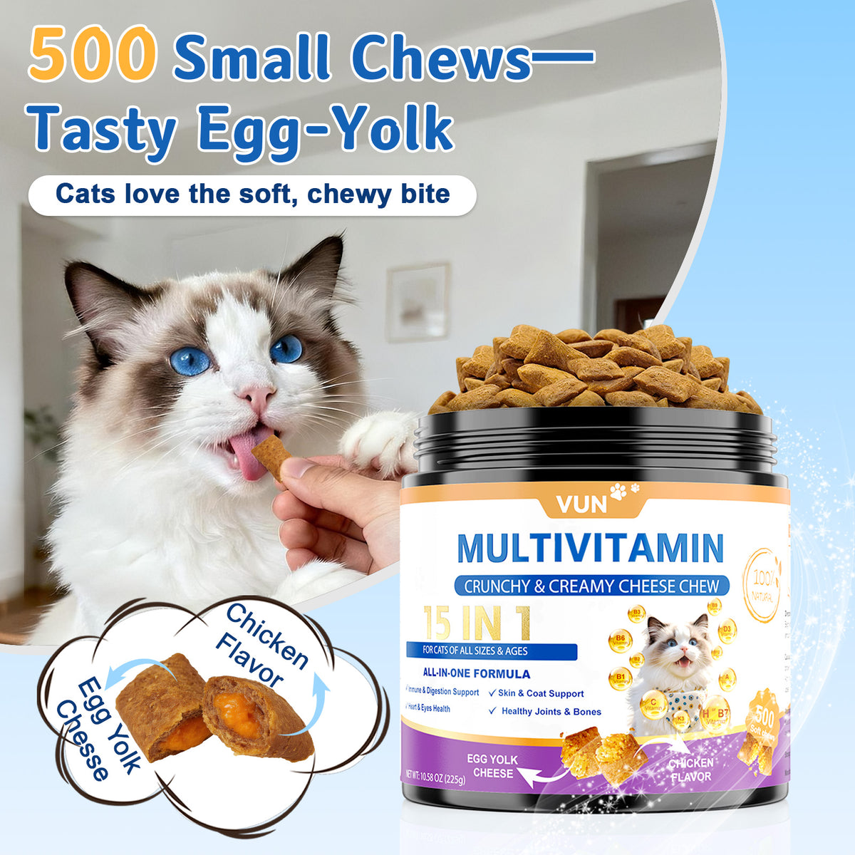 VUN Cat Vitamins Crunchy&Creamy Chews-Multivitamin for Indoor Cats