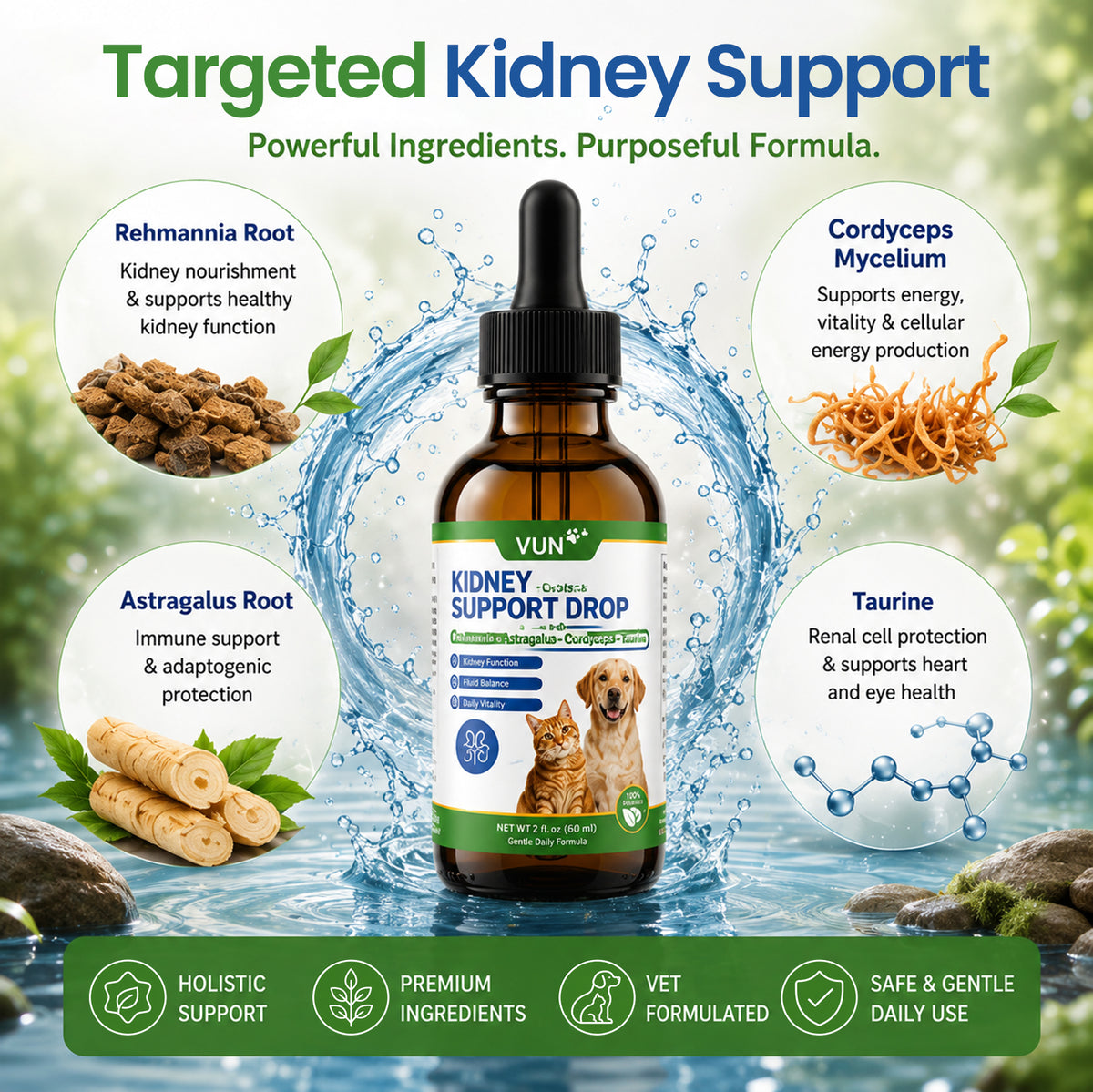 VUN Kidney Support Supplement for Dogs & Cats,Dog Liquid Herbal Kidney