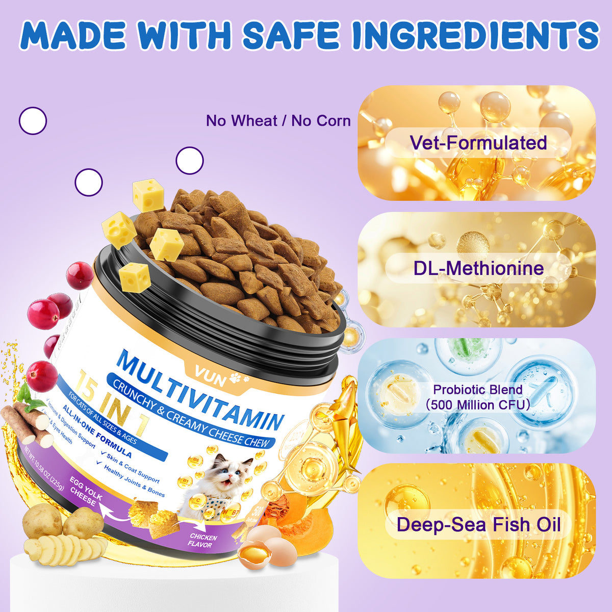 VUN Cat Vitamins Crunchy&Creamy Chews-Multivitamin for Indoor Cats