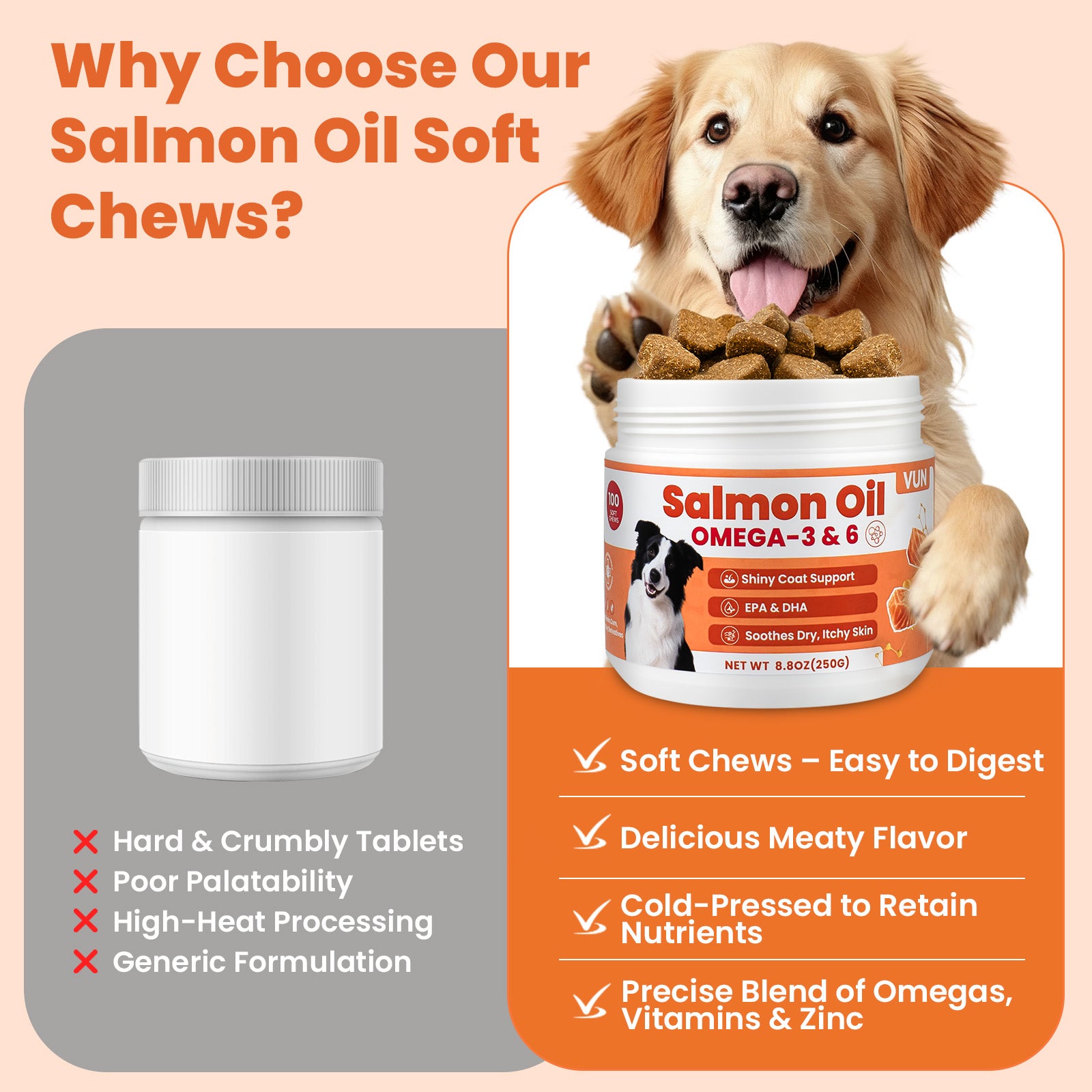 VUN Salmon Oil Soft Chews for Dogs | Omega 3 & 6 for Skin & Coat Health