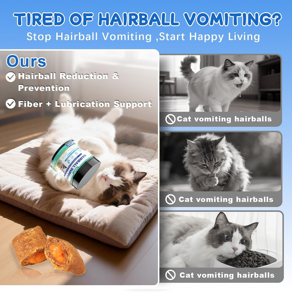 VUN Cat Hairball Support Crunchy & Creamy Chews, Hairball Treatment for Cats, Remedy Cat Treats, Cats Furball and Hair Ball Supports Skin & Coat, Digestion, Vitamins,Chicken Flavor (90-Day Supply)