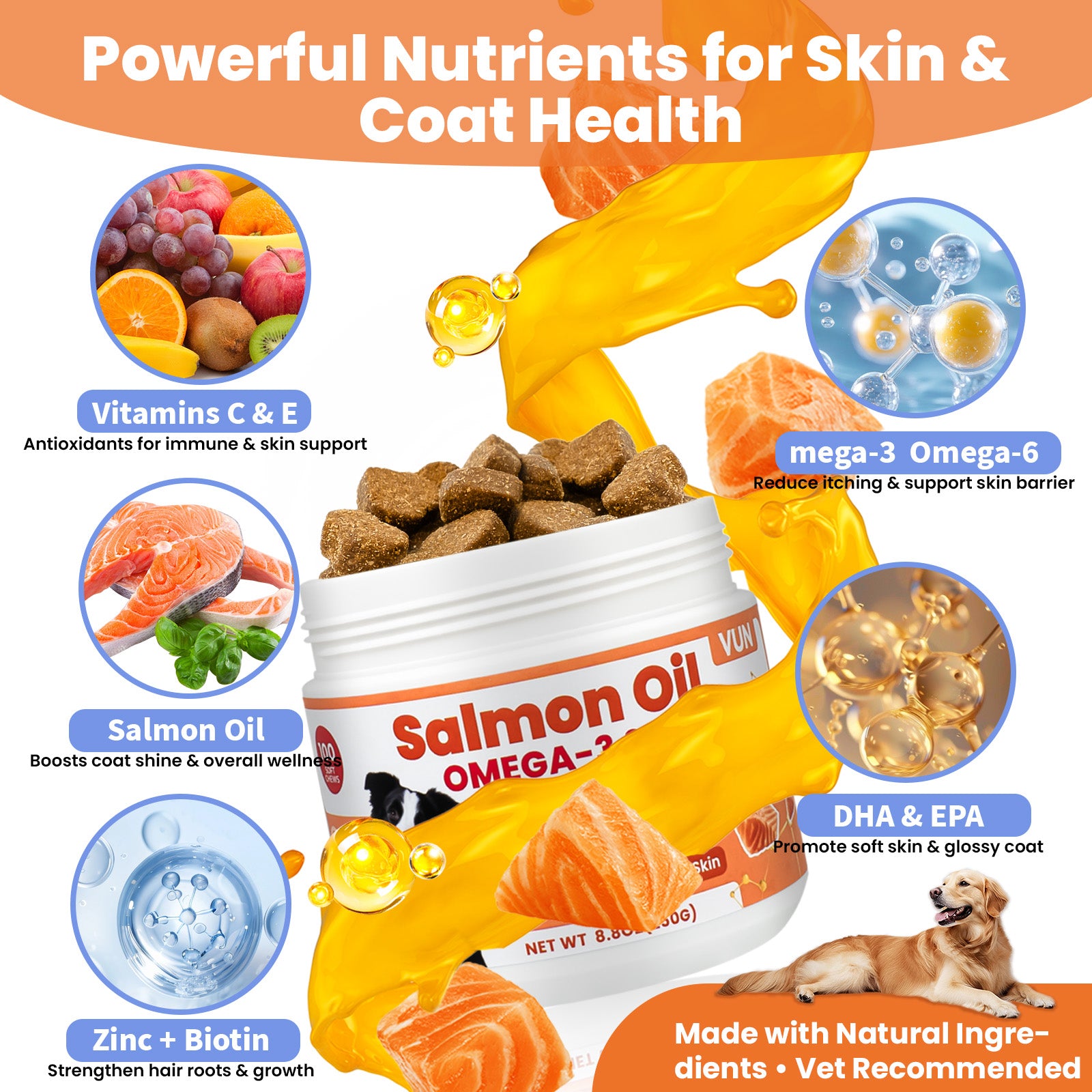 VUN Salmon Oil Soft Chews for Dogs | Omega 3 & 6 for Skin & Coat Health