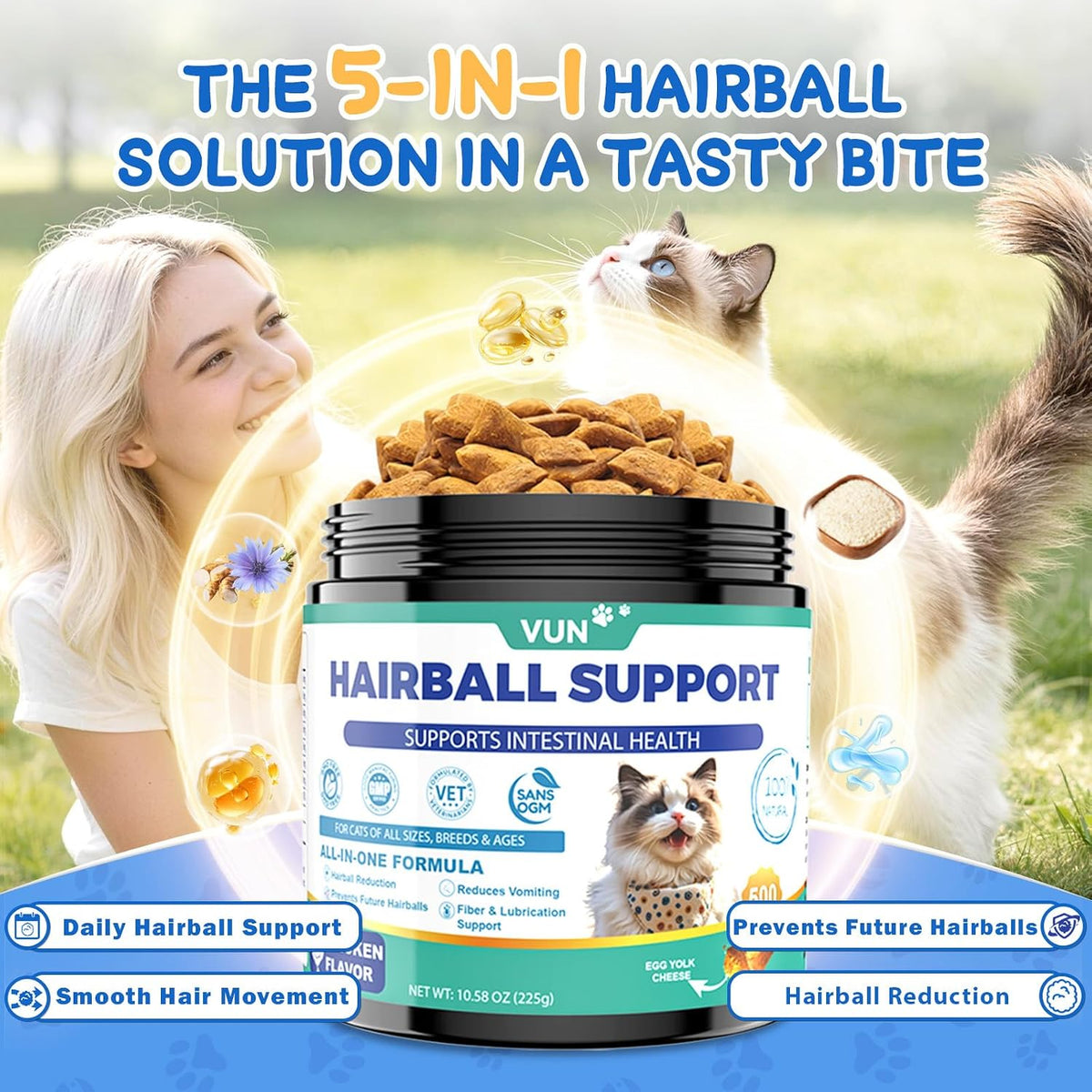 VUN Cat Hairball Support Crunchy & Creamy Chews, Hairball Treatment for Cats, Remedy Cat Treats, Cats Furball and Hair Ball Supports Skin & Coat, Digestion, Vitamins,Chicken Flavor (90-Day Supply)