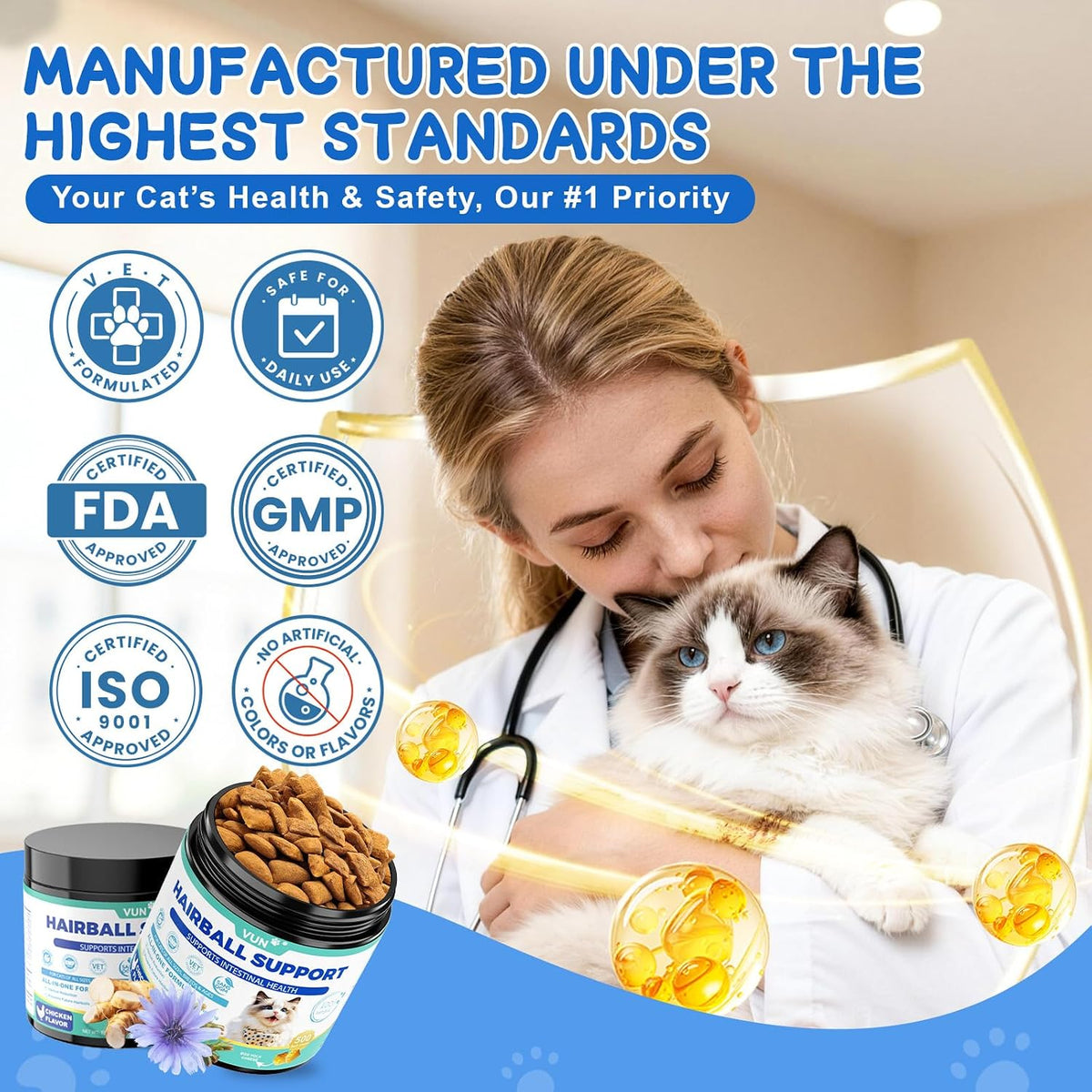 VUN Cat Hairball Support Crunchy & Creamy Chews, Hairball Treatment for Cats, Remedy Cat Treats, Cats Furball and Hair Ball Supports Skin & Coat, Digestion, Vitamins,Chicken Flavor (90-Day Supply)