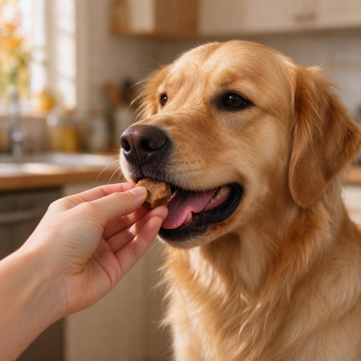 Owner offering a VUN soft chew to a happy golden retriever