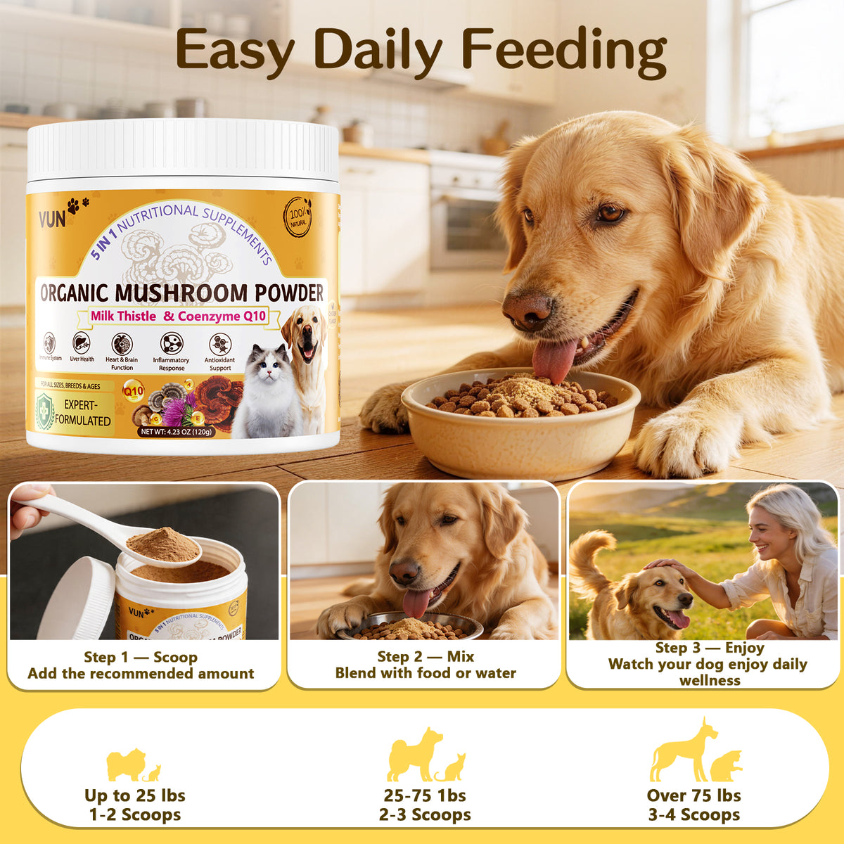 VUN 5-in-1 Mushroom Powder for Dogs & Cats – Daily Wellness Support