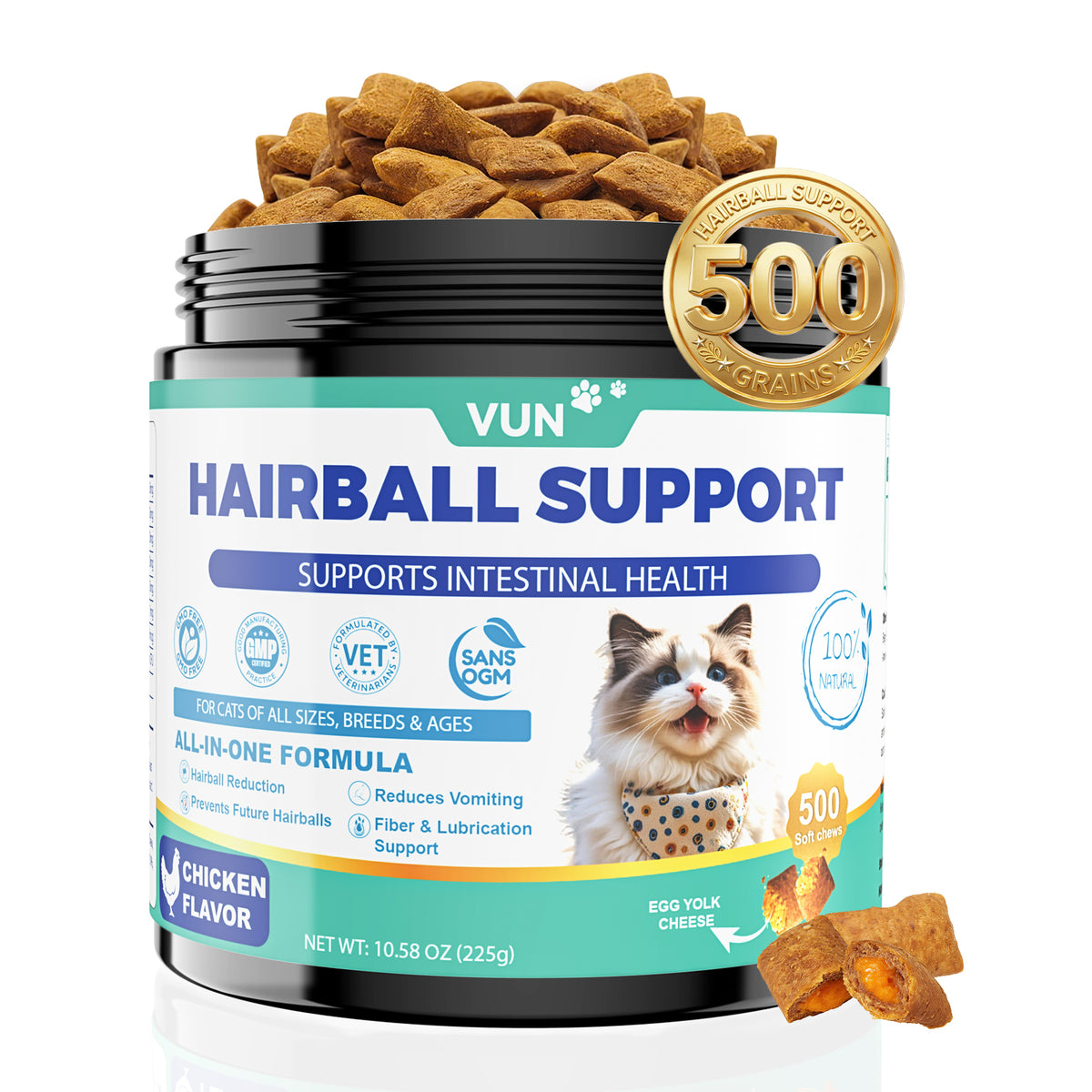 VUN Cat Hairball Support Crunchy & Creamy Chews, Hairball Treatment for Cats, Remedy Cat Treats, Cats Furball and Hair Ball Supports Skin & Coat, Digestion, Vitamins,Chicken Flavor (90-Day Supply)