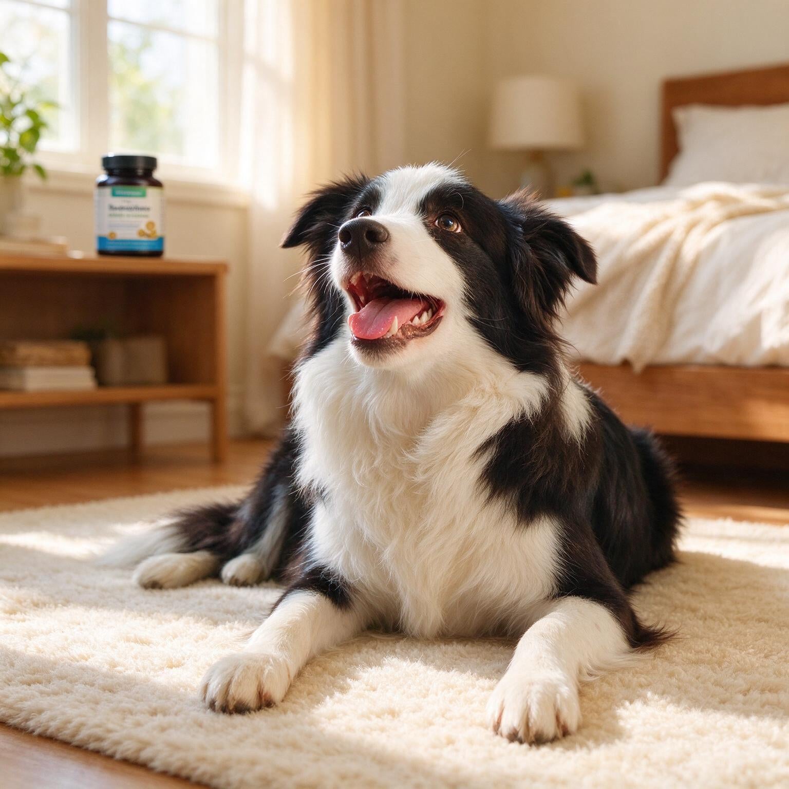 Happy dog relaxing at home with VUN calming chews in the background