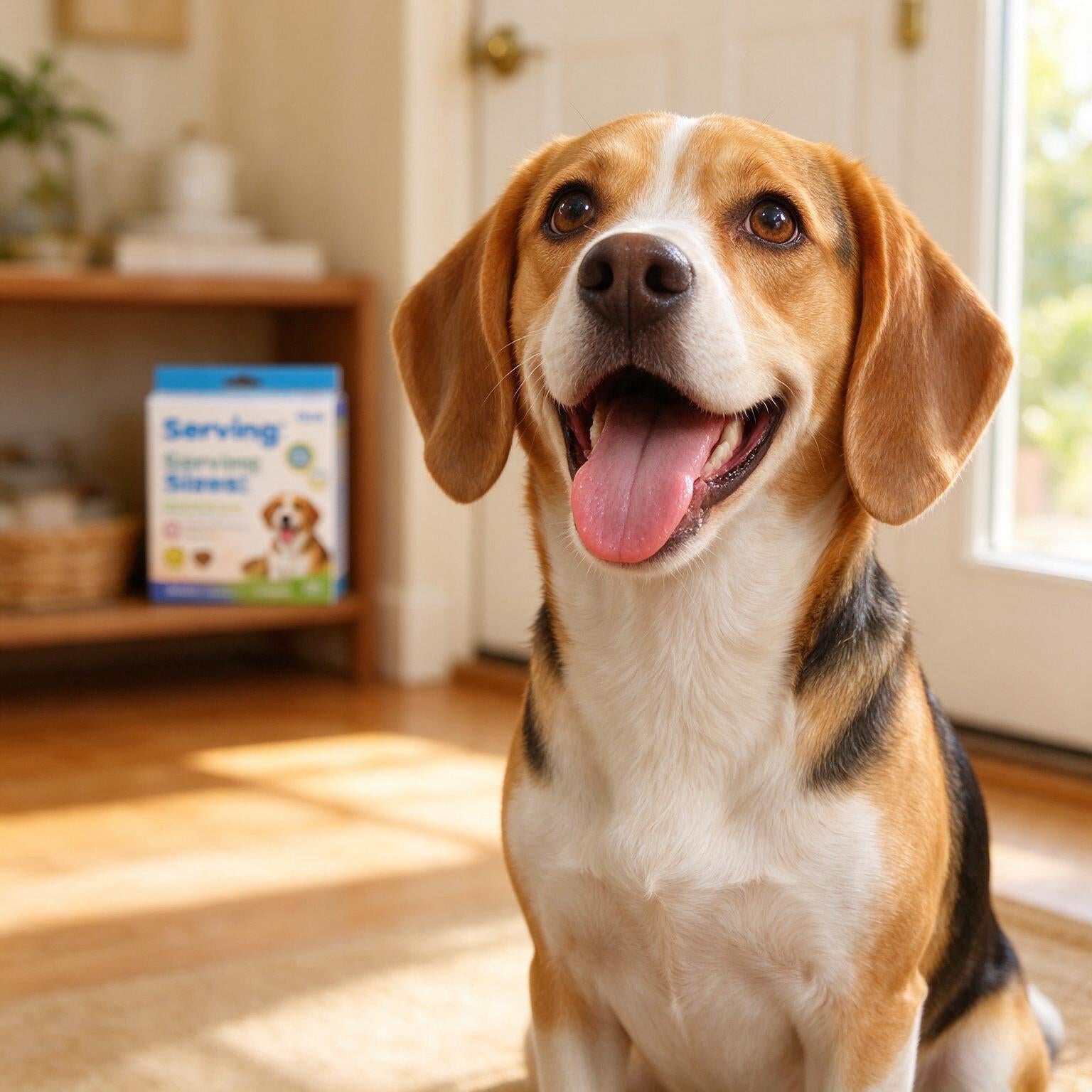 Happy dog at the front door with VUN calming chews nearby