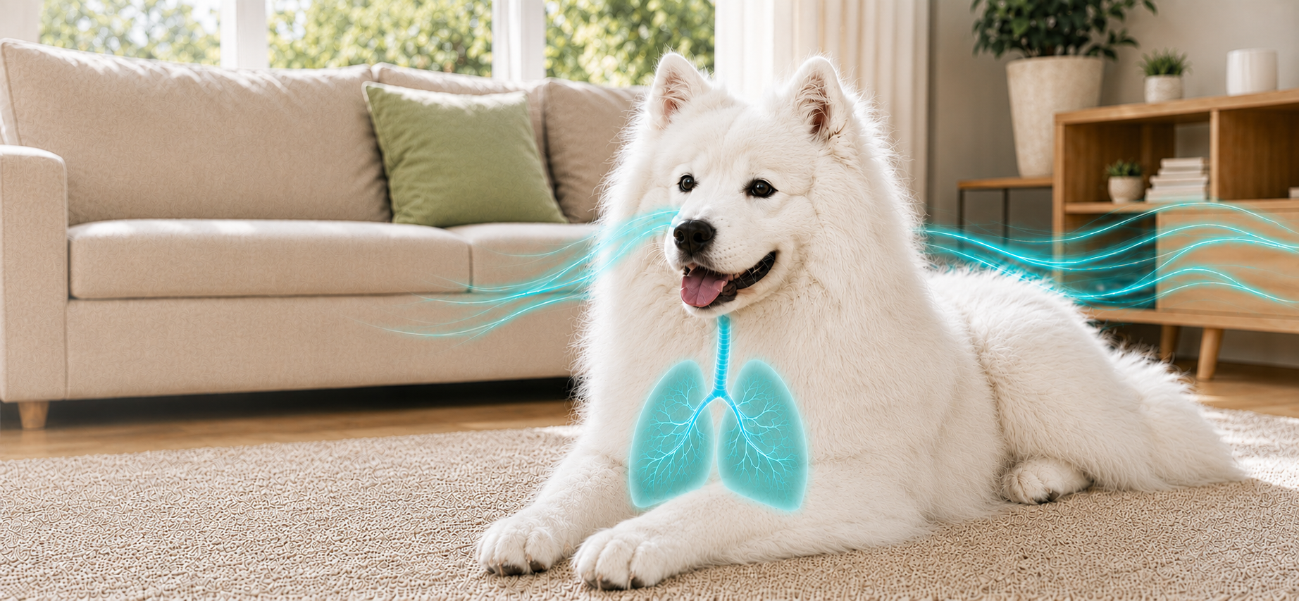 Samoyed with highlighted airways and lungs for a dog respiratory symptom guide | VUN Pet