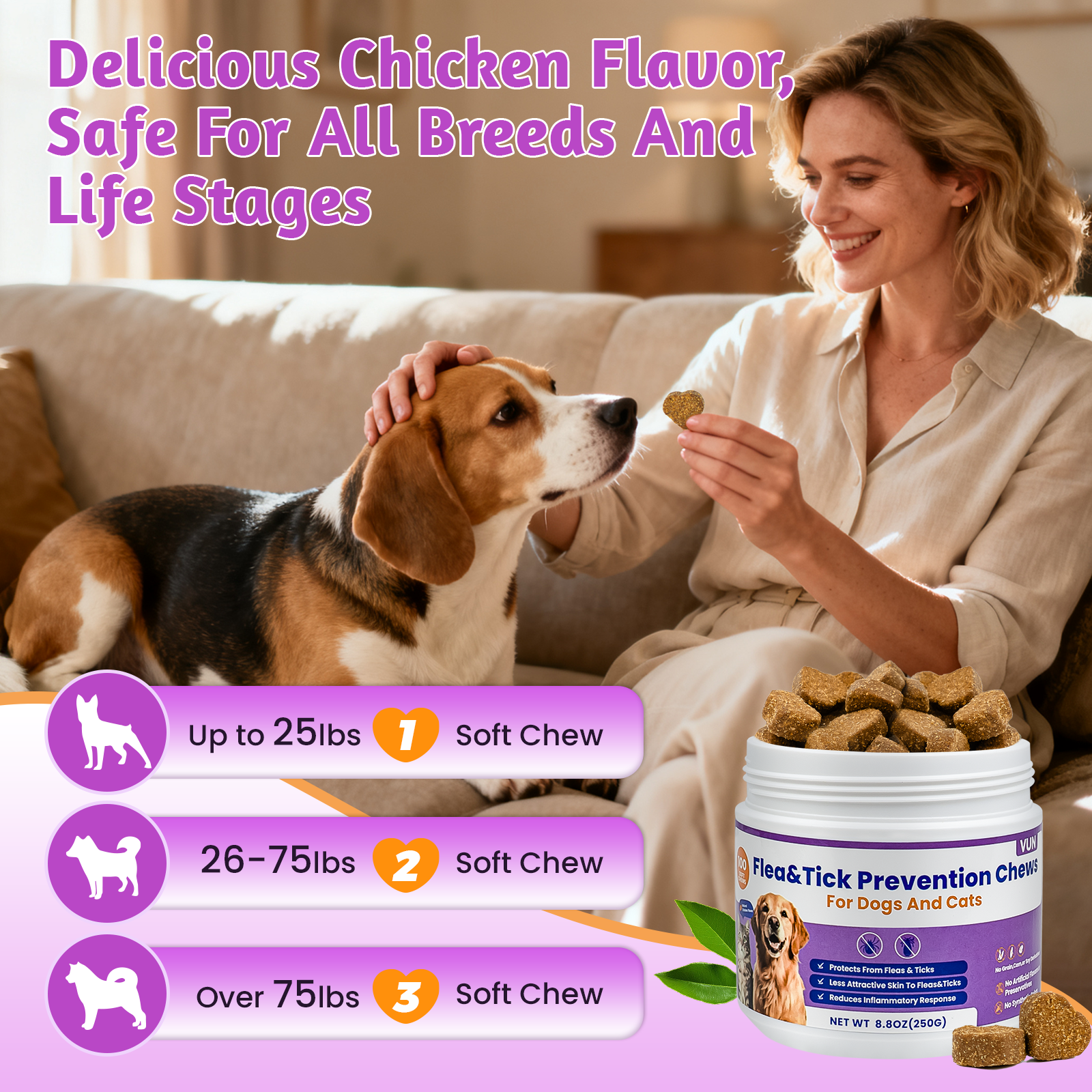 VUN Flea & Tick Prevention Soft Chews for Dogs | Skin & Coat Support Formula