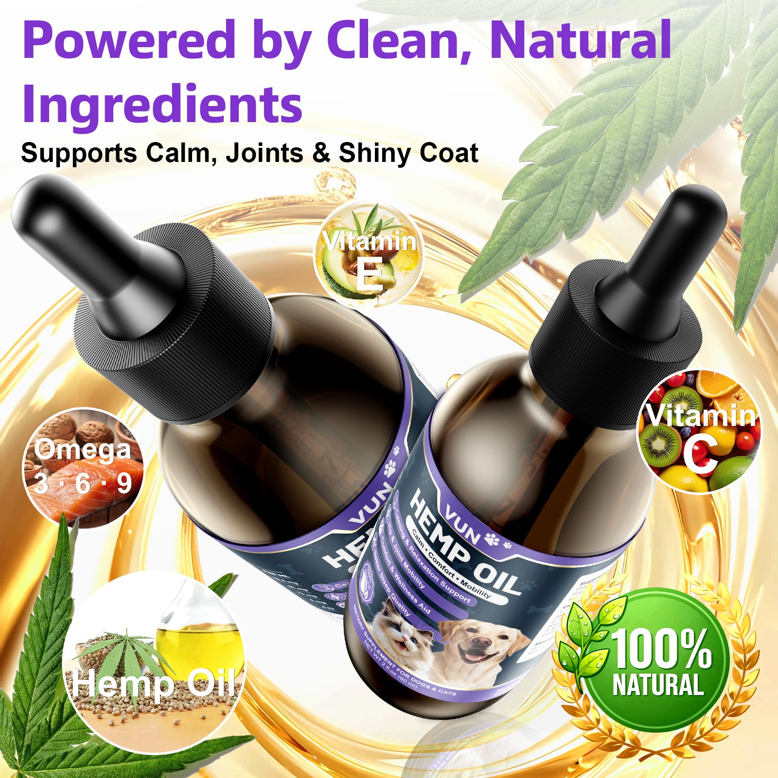 VUN Hemp Oil for Dogs & Cats | Calming, Mobility & Omega 3-6-9 Support