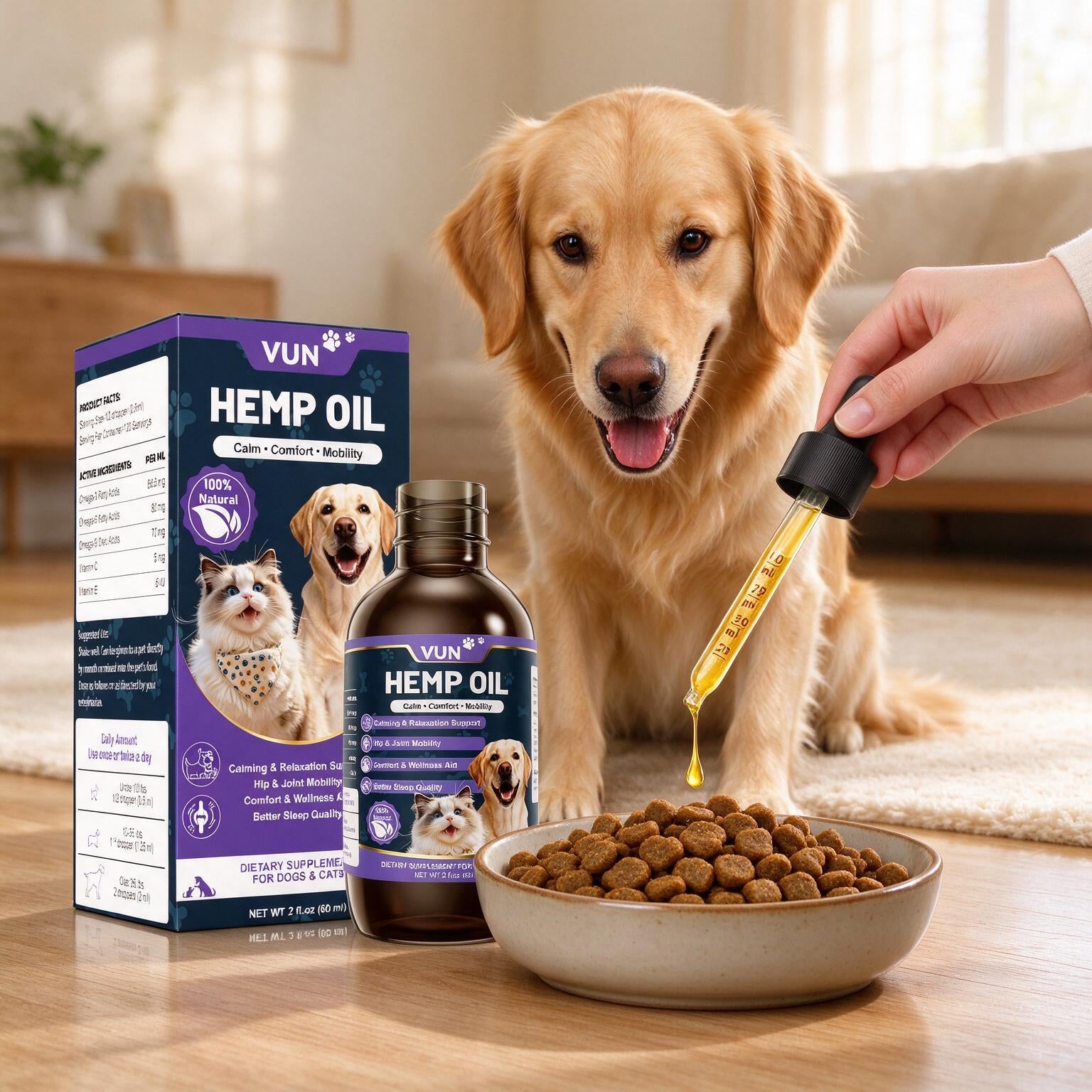 Dropper dripping hemp oil onto a bowl of kibble in front of a golden retriever