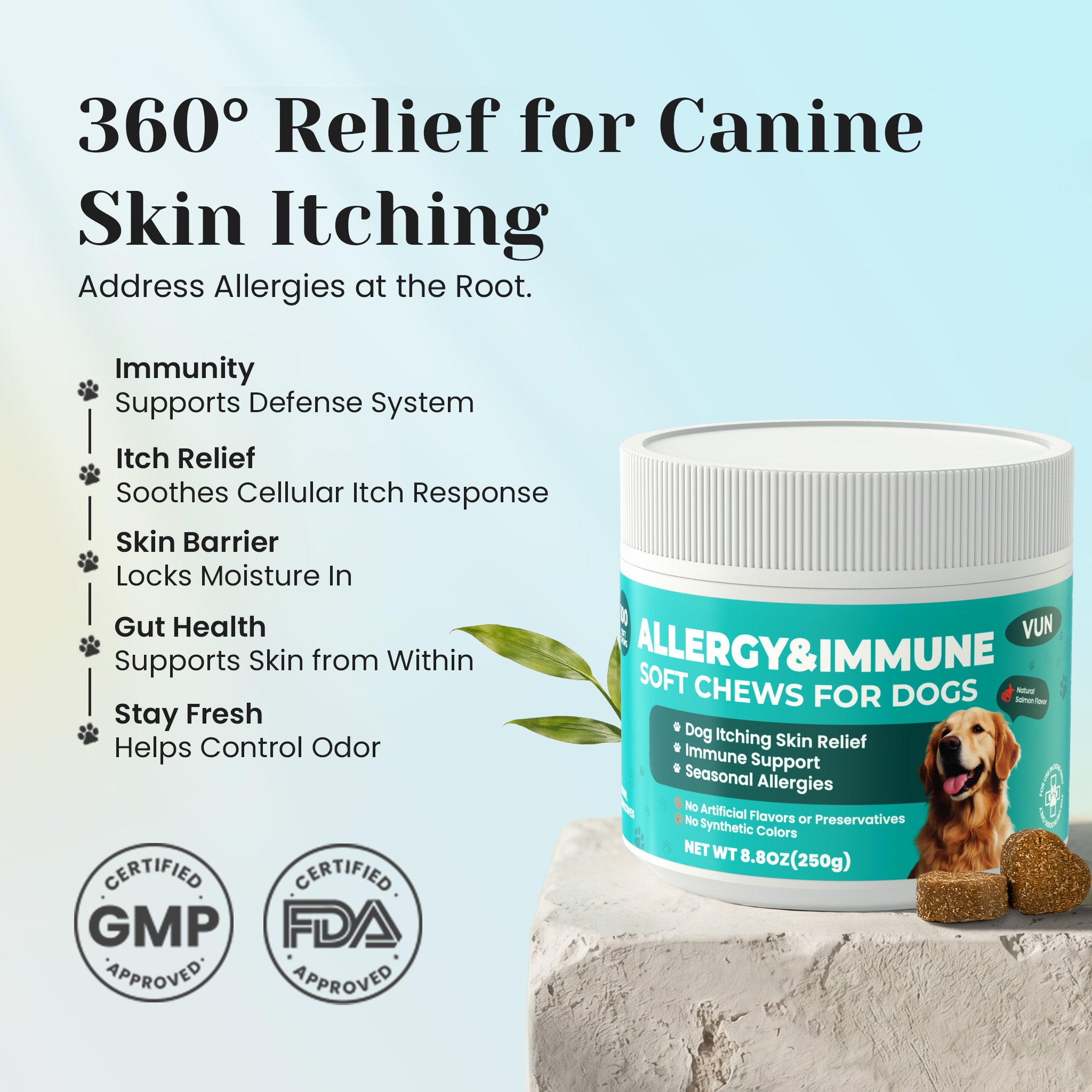 VUN Pet allergy and immune soft chews for itchy skin and seasonal allergy support
