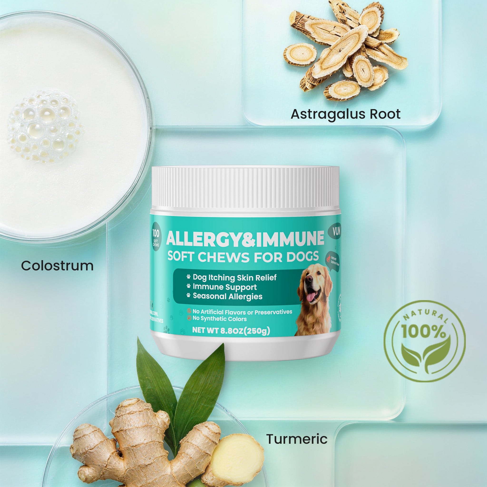 Natural ingredients in VUN Pet allergy and immune soft chews for dogs