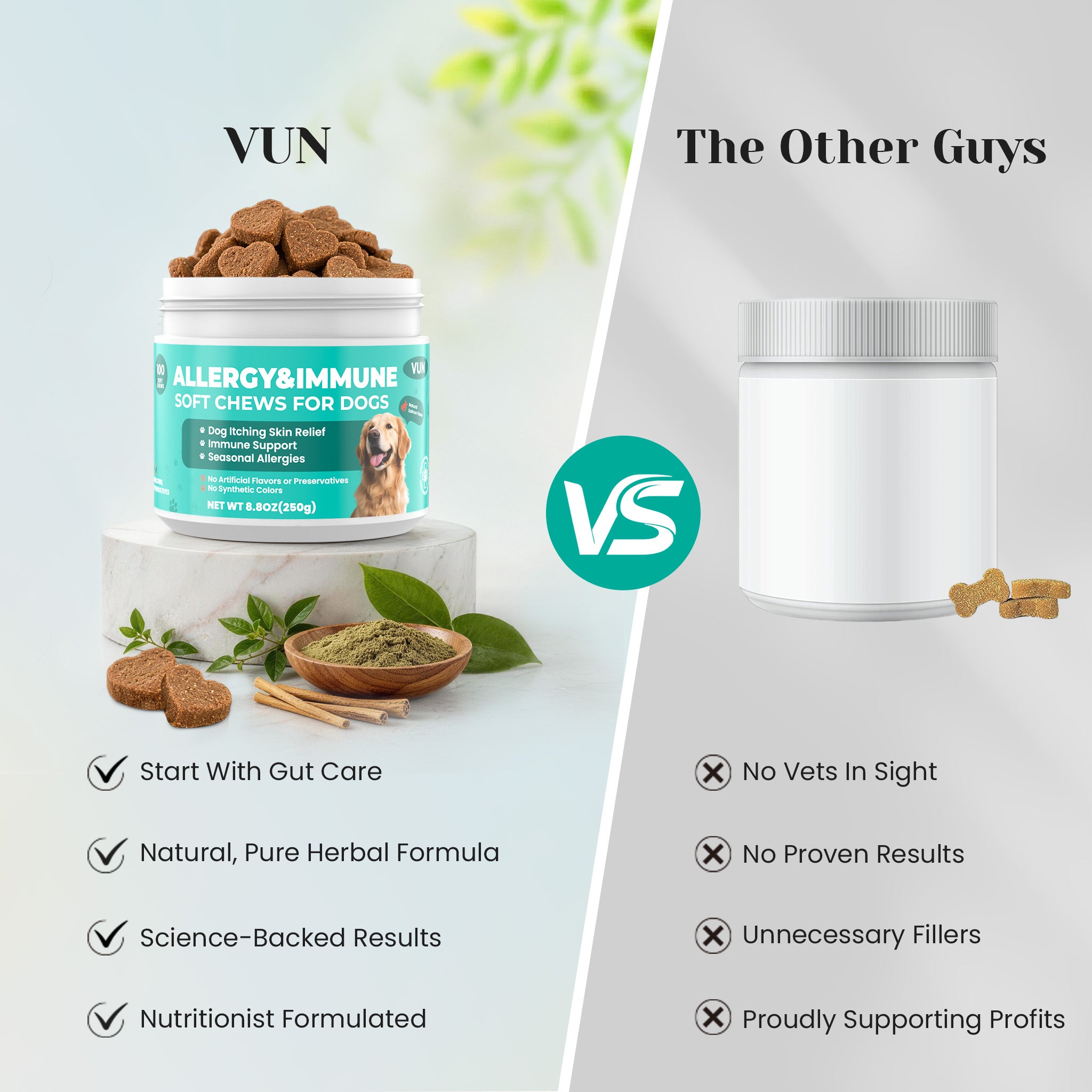 VUN Pet allergy and immune soft chews compared with other dog allergy supplements
