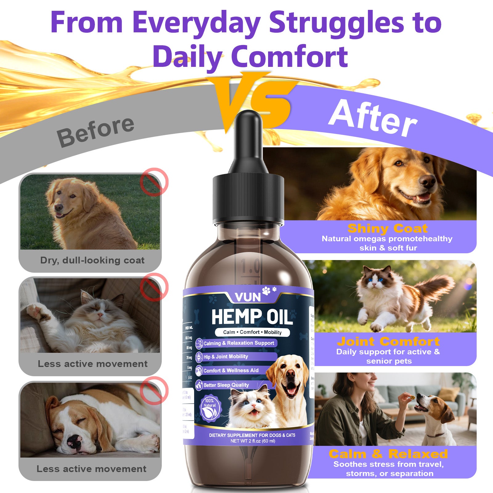 VUN Hemp Oil for Dogs & Cats | Calming, Mobility & Omega 3-6-9 Support