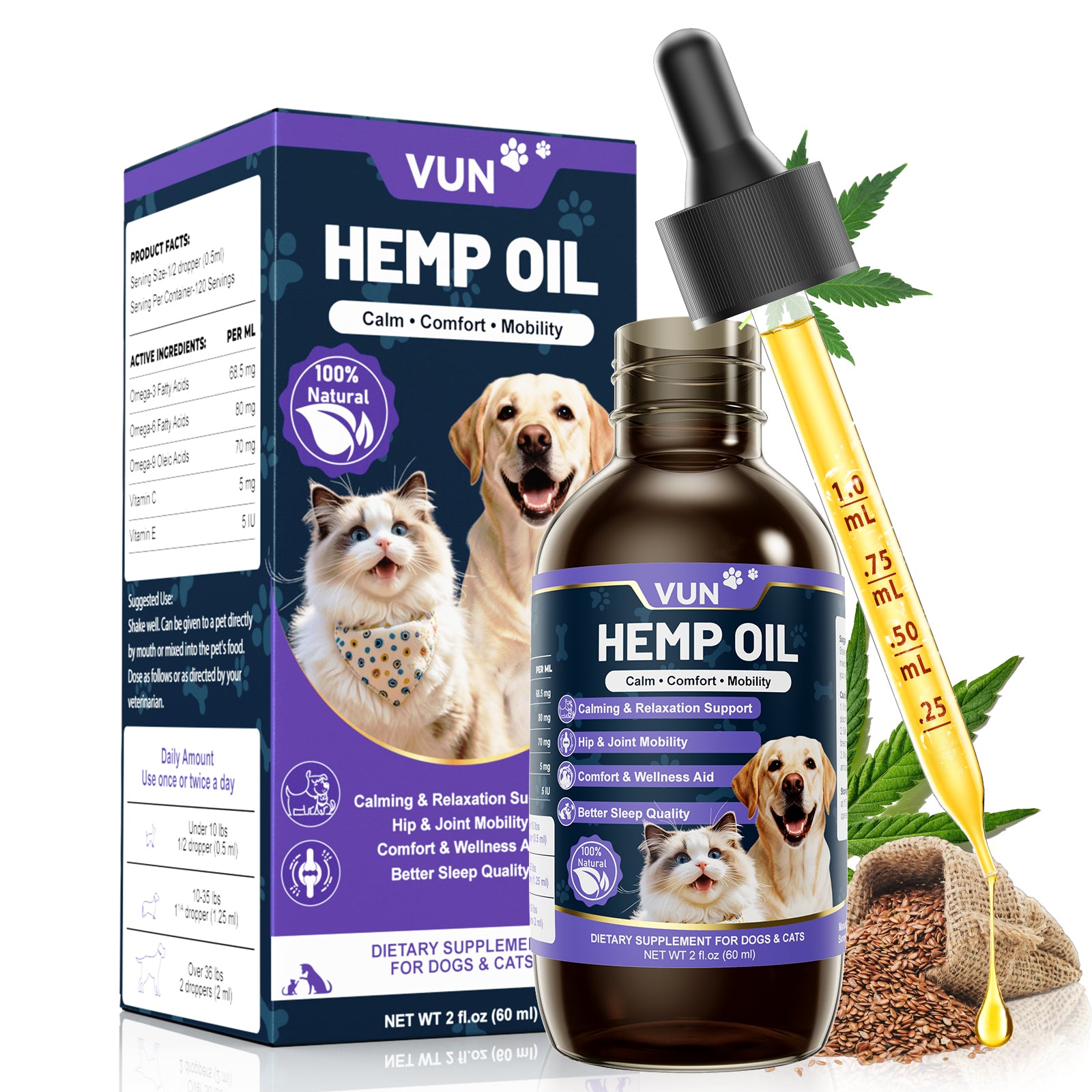 VUN Hemp Oil for Dogs & Cats | Calming, Mobility & Omega 3-6-9 Support
