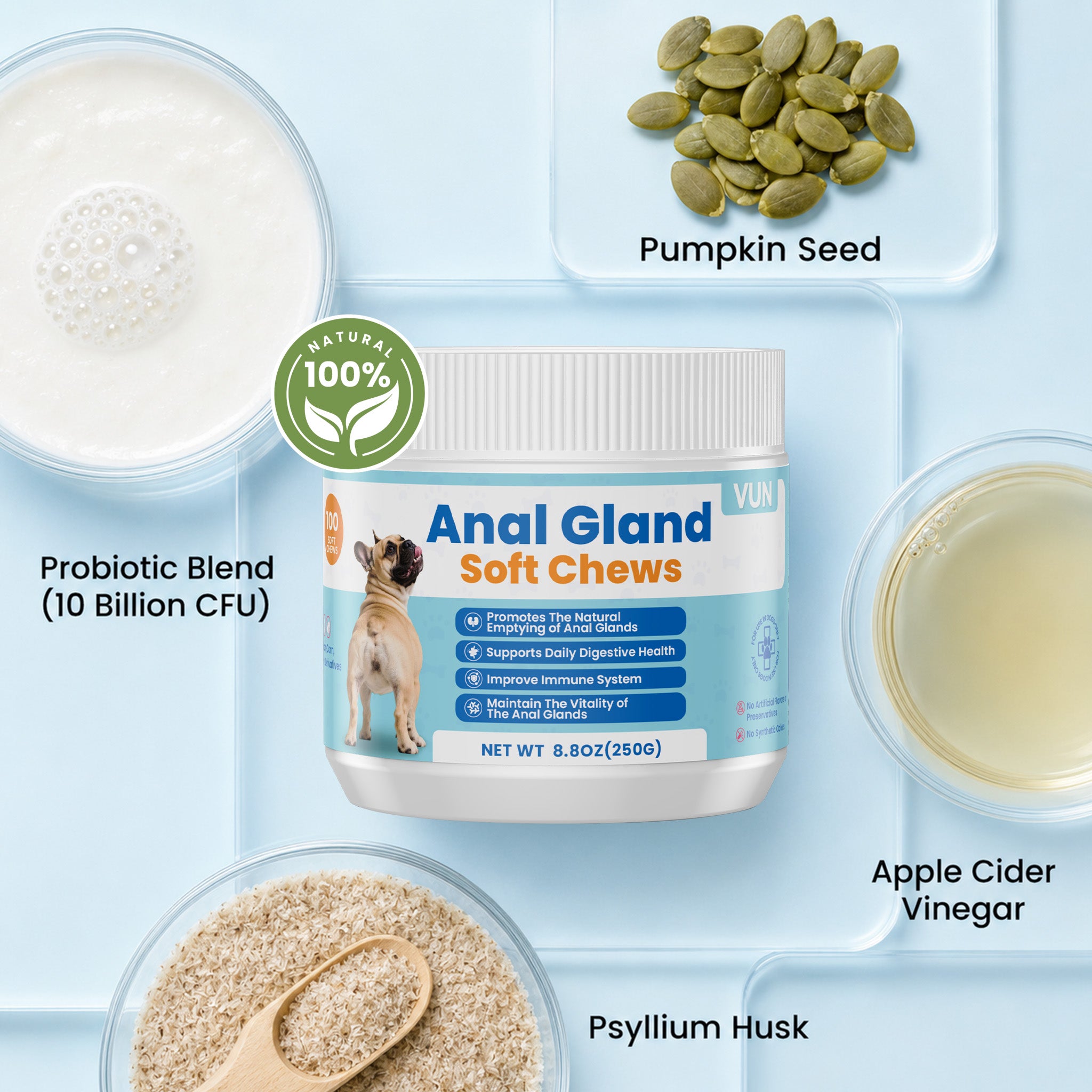 Natural ingredients in VUN Pet anal gland support soft chews for dogs
