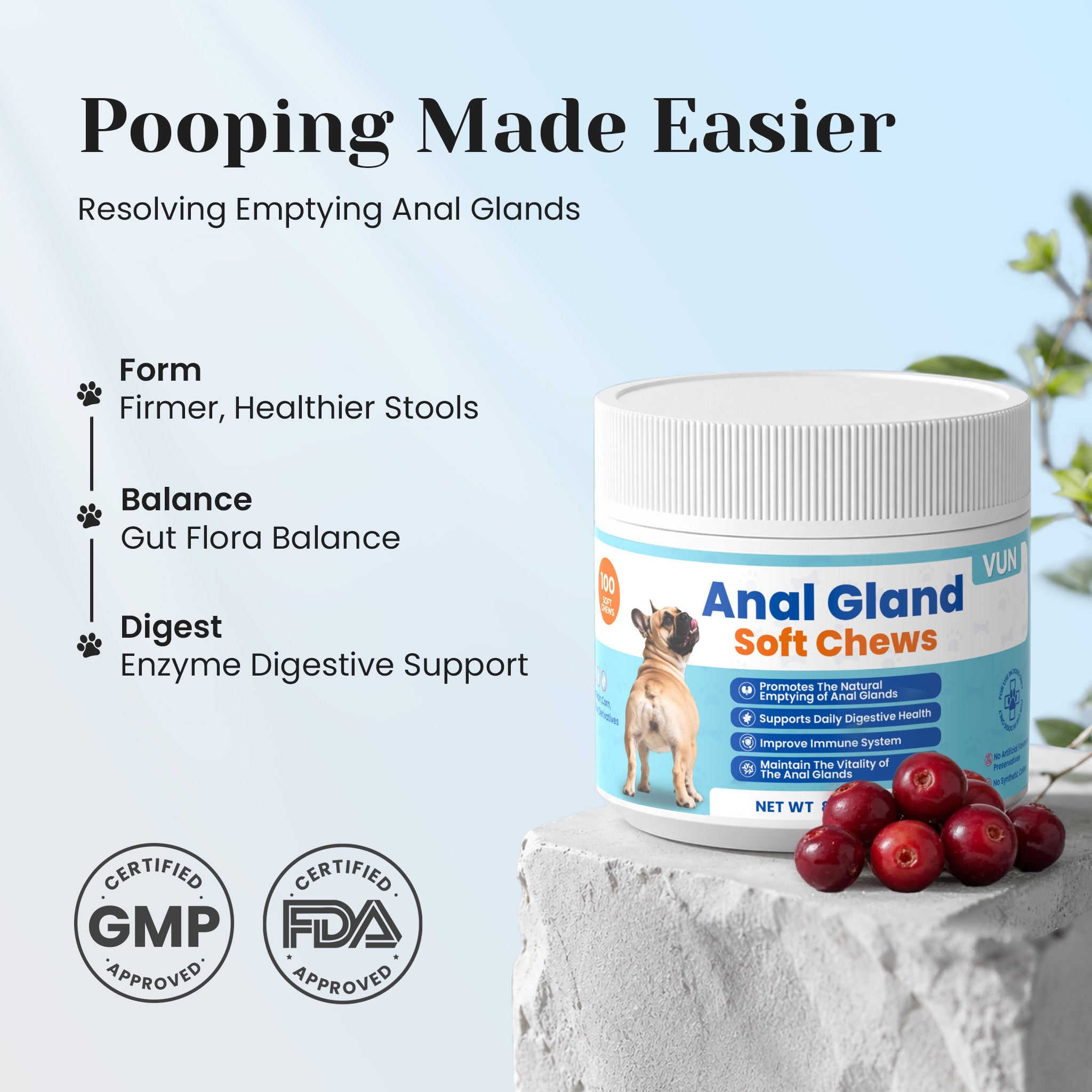 VUN Pet anal gland support chews for dogs with digestive and stool support