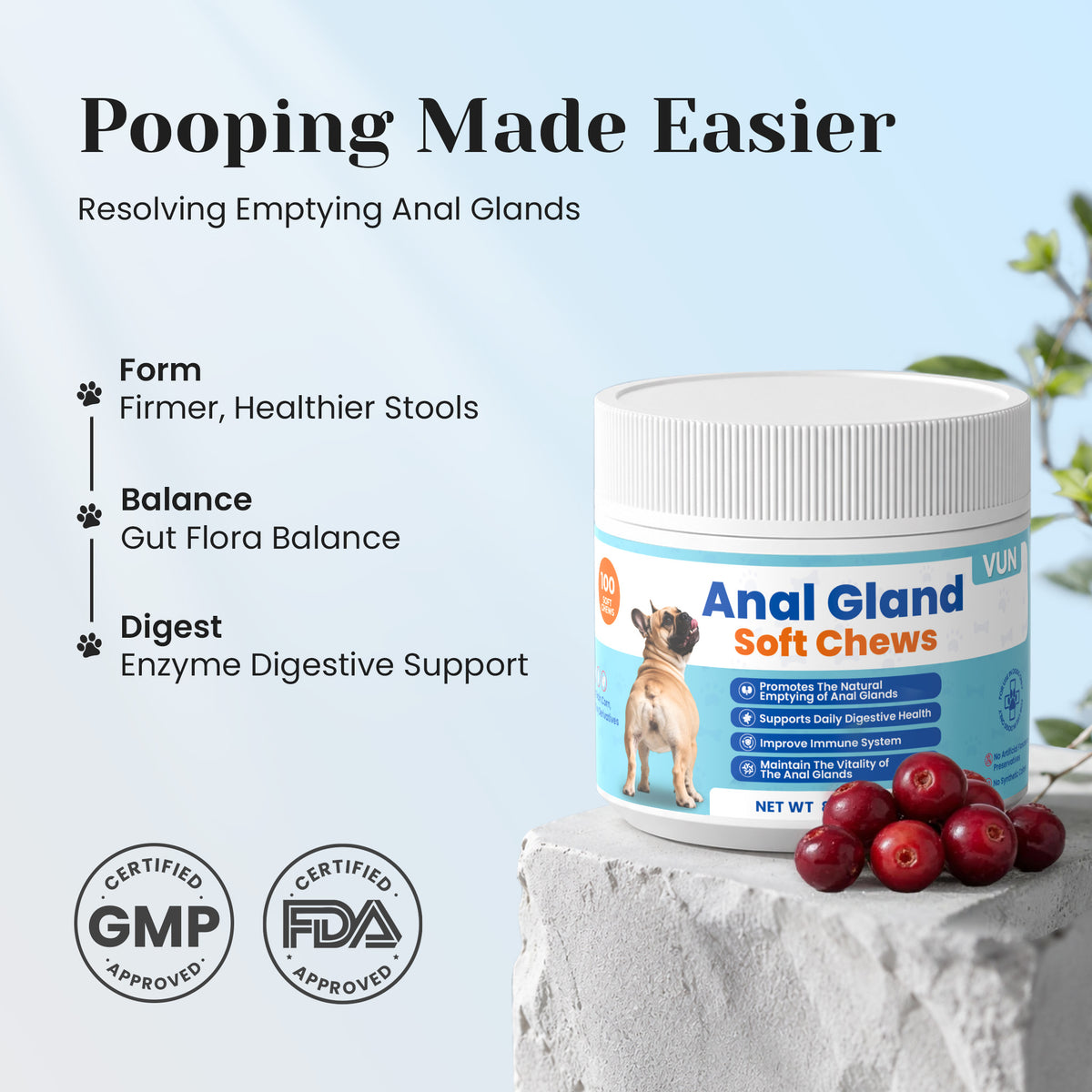 VUN Pet anal gland support chews for dogs with digestive and stool support