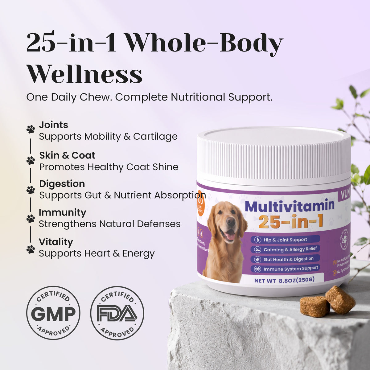VUN pet-dog multivitamin soft chews for daily health and wellness support