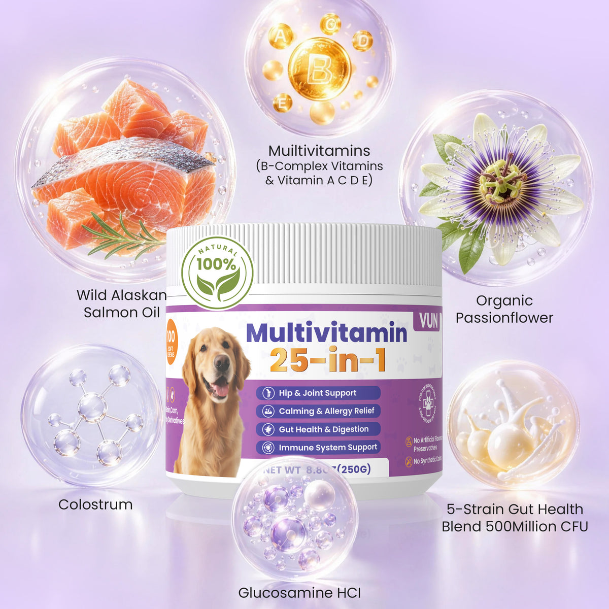 Natural ingredients in VUN Pet 25-in-1 multivitamin soft chews for dogs