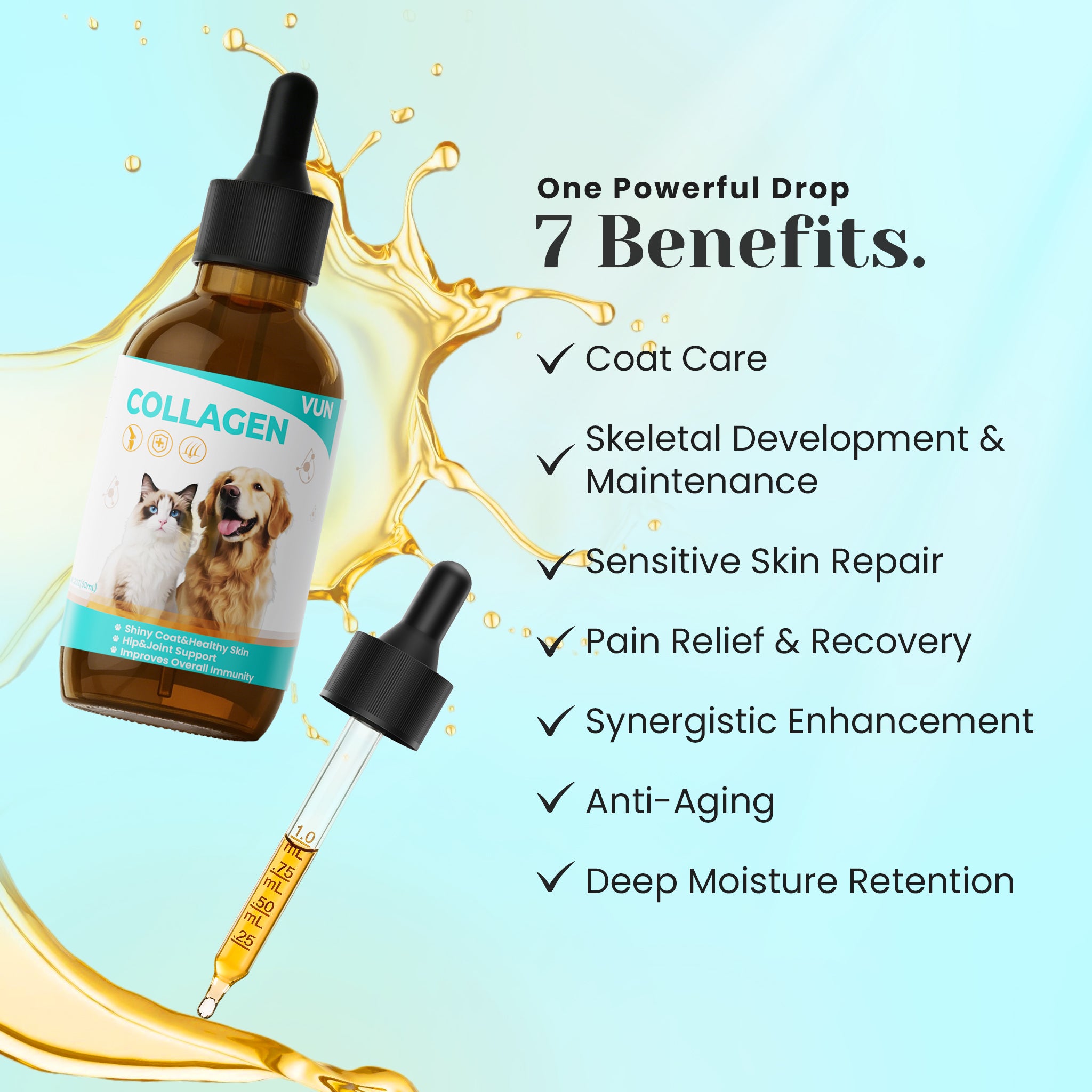 Collagen support drops for skin coat joints and mobility.