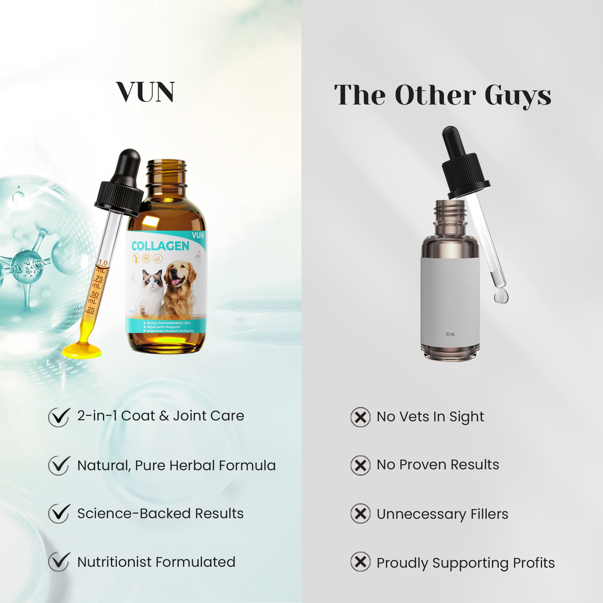 VUN Official collagen support drops compared with other pet supplements.