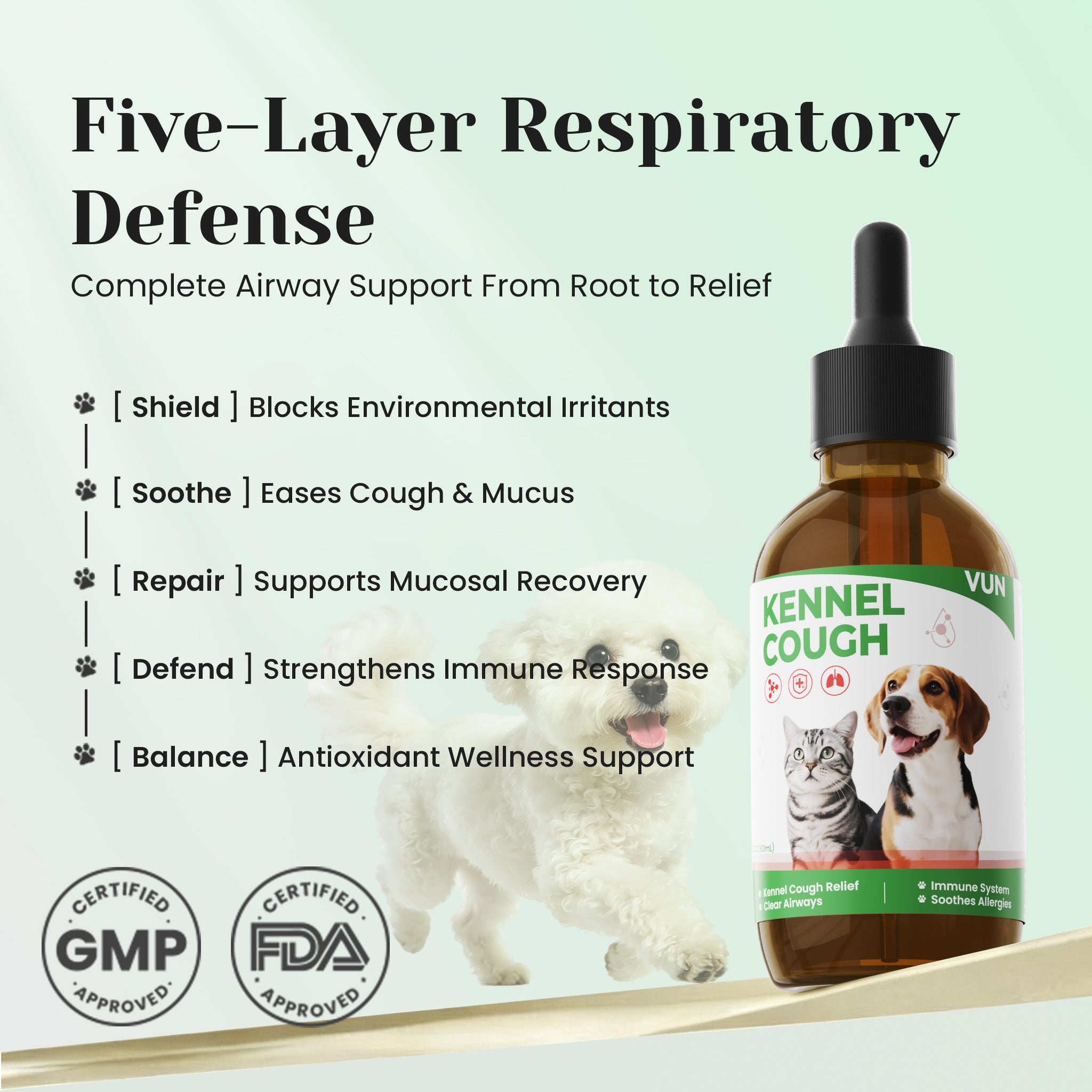 VUN pet kennel cough relief drops for respiratory and throat support
